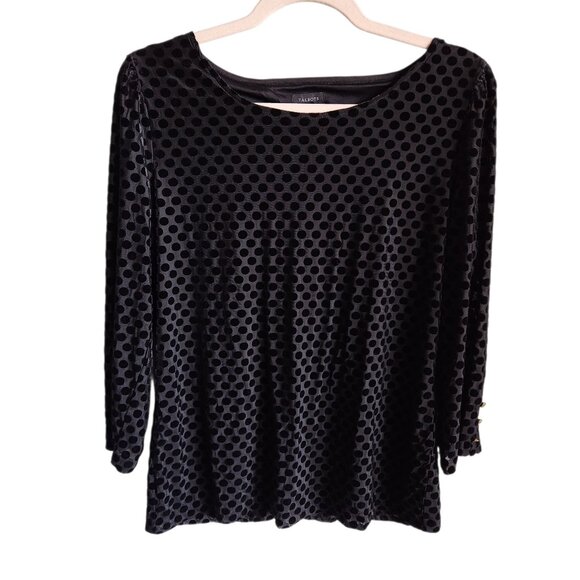 Talbots Shirt Black Medium Women's 3/4 Sleeve Polka Dot Top Blouse Velvet NEW - Picture 1 of 12